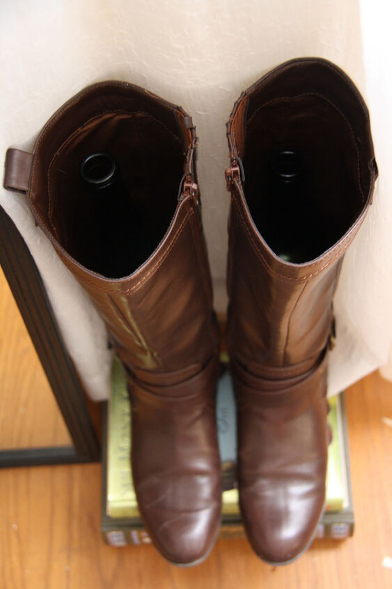 easy recycled boot shapers using wine bottles, cleaning tips, repurposing upcycling, Prevent unnecessary wear on your boots by using wine bottles to keep them upright