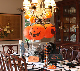 decorate your chandelier, halloween decorations, home decor, seasonal holiday decor, Hang eye catching pumpkin lanterns