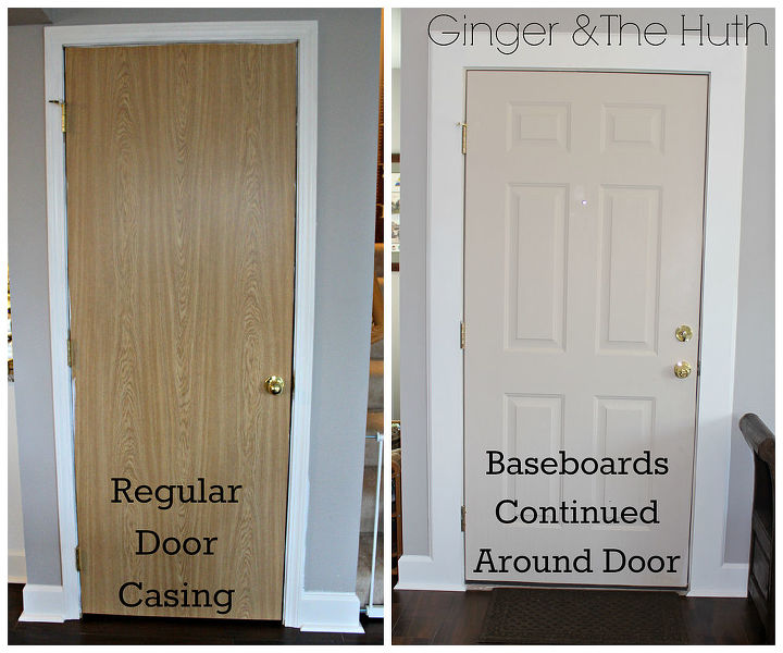 diy baseboard installation, diy, how to, wall decor, woodworking projects, Instead of installing regular door casings around the front door we decided to just continue the baseboards up around the front door We really like how it turned out I think it makes everything look cleaner