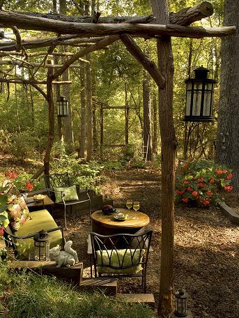 this award winning outdoor space was created by recycling fallen trees recycled, Gazebo built with fallen recycled trees In distance the view is highlighted by a large picture frame