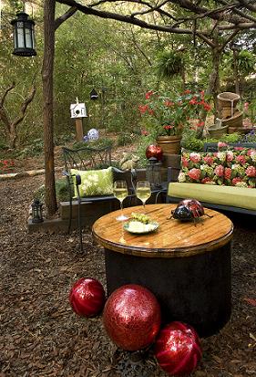 this award winning outdoor space was created by recycling fallen trees recycled, Old Well cover coverted to a fire pit with removeable table top