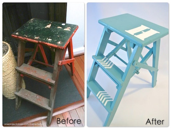steppin it up a ladder makeover, painted furniture, A side by side of the before and after