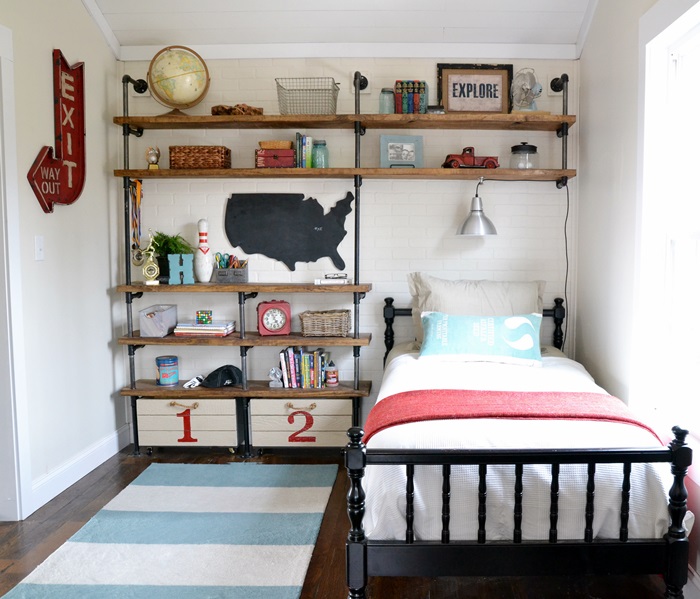 industrial shelves for my son s room, bedroom ideas, diy, home decor, how to, shelving ideas