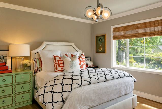 decorate your home in the color that s the new white, home decor, The shade of gray on the walls of this room enhances the colors of the linens and the green bedside table