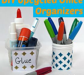 upcycled office organizing, craft rooms, crafts, decoupage, home office, organizing, repurposing upcycling, Repurposed containers and Mod Podge Stencils to make quick pretty organizers