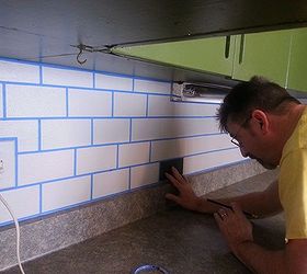 painted subway tile backsplash, kitchen backsplash, kitchen design, painting, tiling, measuring and taping off the grout paint each tile whatever color you would like We did a pattern