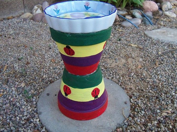 ceramic pan bird bath, crafts, outdoor living, painted pots birdbath