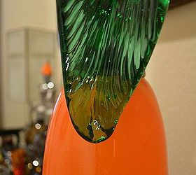 my fall decorated bar table, seasonal holiday decor, Leaf detail of the glass blown gourd