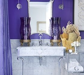 purple bathrooms are majestic, bathroom ideas, home decor, tiling, Boston com featured this Beacon Hill bathroom that wasn t afraid to go bold using purple to brighten the marble walls shower and sink of the bathroom Photo Source