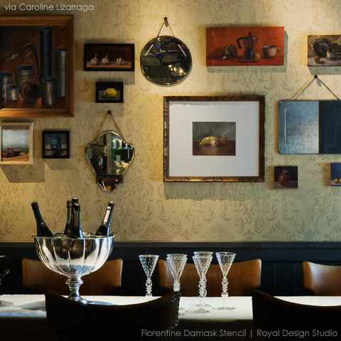 painted in similar tones and finishes stencils make for elegant decor, home decor, painting, Artist Caroline Lizarraga was inspired by the antique damask walls of Florentine palazzos and used our Florentine Damask Stencil in a restaurant s private dining room
