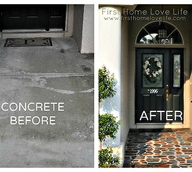 stenciled stone porch, concrete masonry, curb appeal, painting, Before and After Front Door Walkway Transformation