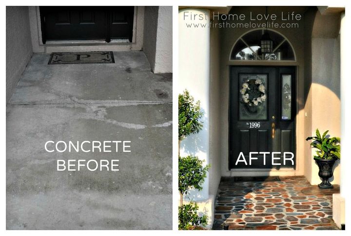stenciled stone porch, concrete masonry, curb appeal, painting, Before and After Front Door Walkway Transformation