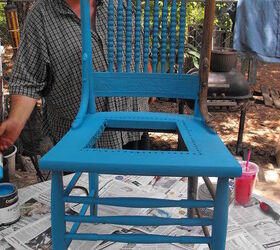 old timey chair turned planter, flowers, gardening, painting, repurposing upcycling, honey thinks he s helping but he s not much of a painter bless his heart