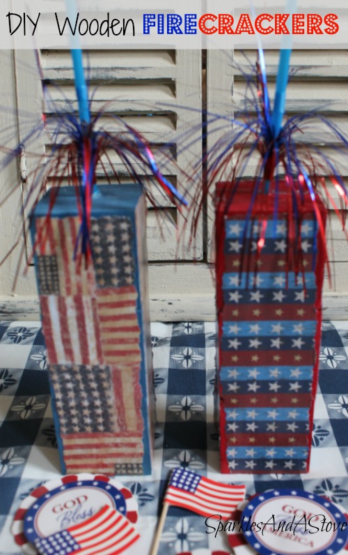 diy wooden patriotic firecrackers, crafts, decoupage, home decor, patriotic decor ideas, seasonal holiday decor, 30 minutes and 7 steps make these fireworks from 3 wooden cubes and a kids sparkler