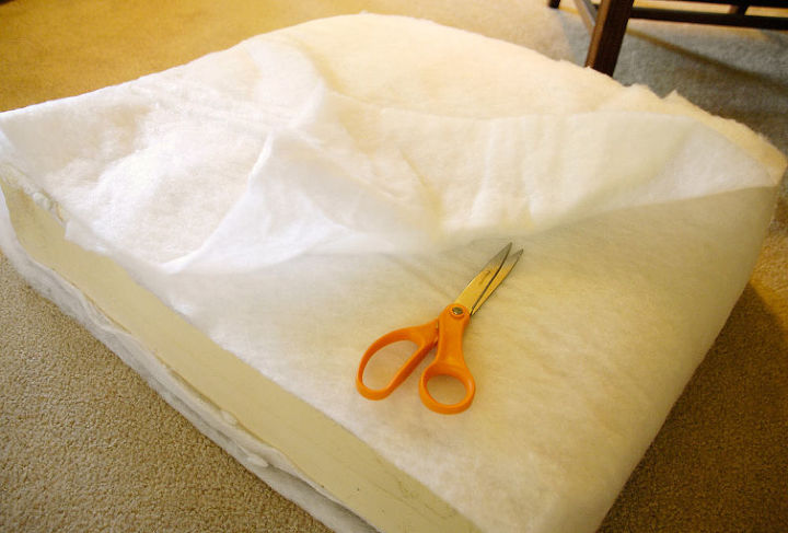 how to make an old couch new again for 10, painted furniture, I simply trimmed the batting and wrapped it around the bottom cushions to boost their fluff ability Yep That s the technical term