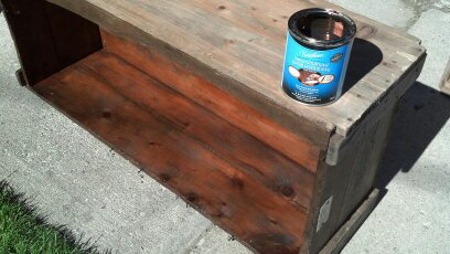 slaughter house score, painted furniture, repurposing upcycling, rustic furniture, Last bit before assembly stain the crates to tie it all together I chose Varathanes stain and poly in one The colour is called Dark Walnut