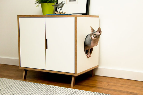 furniture for pets, painted furniture, pets animals, A mid century modern cabinet used to disguise a litter box
