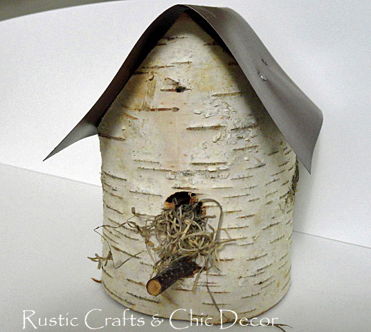 birch birdhouses, crafts, I used a rectangular piece of rusty tin that I purchased from the craft store for this roof