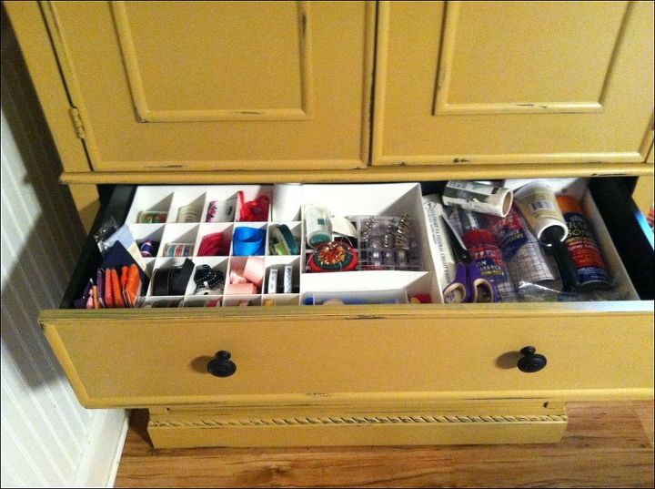 armoire turned sewing cabinet, painted furniture, repurposing upcycling, storage ideas, drawer organized