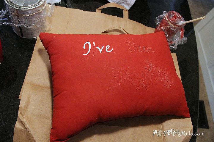 holiday pillow 2 makeover w chalk paint, chalk paint, crafts, painting, seasonal holiday decor, Painting in the lettering Super simple
