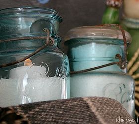 decorating your mantel for winter, chalkboard paint, crafts, mason jars, seasonal holiday decor, Aqua mason jars filled with Epsom salt and tea lights