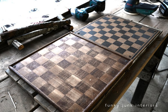 coffee is served on a checkerboard tray game on, repurposing upcycling, Two random checkerboards were attached to a piece of reclaimed lumber