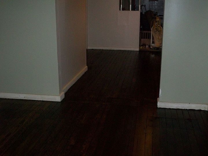 hardwood floors, flooring, hardwood floors, After a few coats of poly and finally moving back in Don t let the pic fool you that hallway is actually 6ft wide