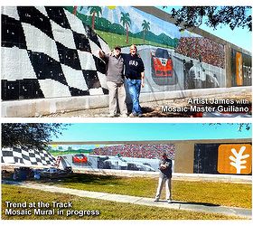 what can be done with mosaics, tiling, James R Hahn Productions Trend at the Track mural in mosaics Goodbye ugly concrete wall hello beautiful mosaics