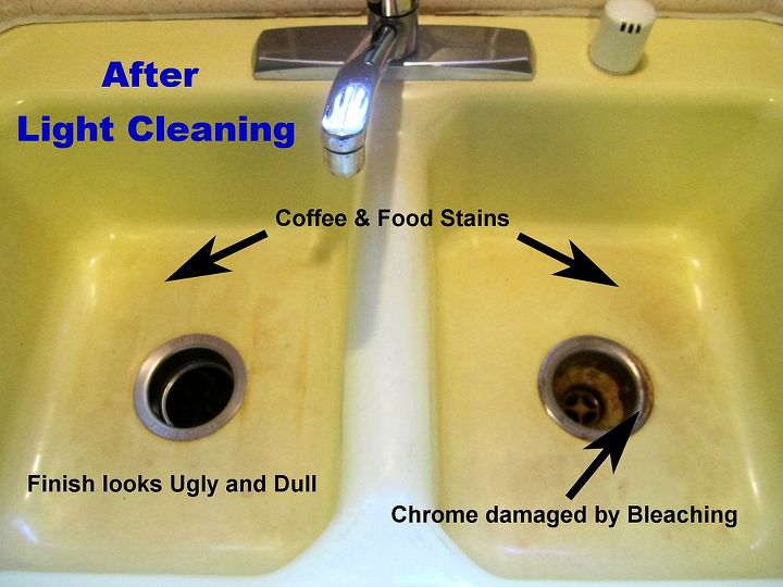 removing kitchen sink stains preventing them from coming back, After Light Cleaning Starting point Terrible coffee and food stains and the sink finish is ugly and dull The chrome in the sink has been damaged by bleach soaking the sink so many times