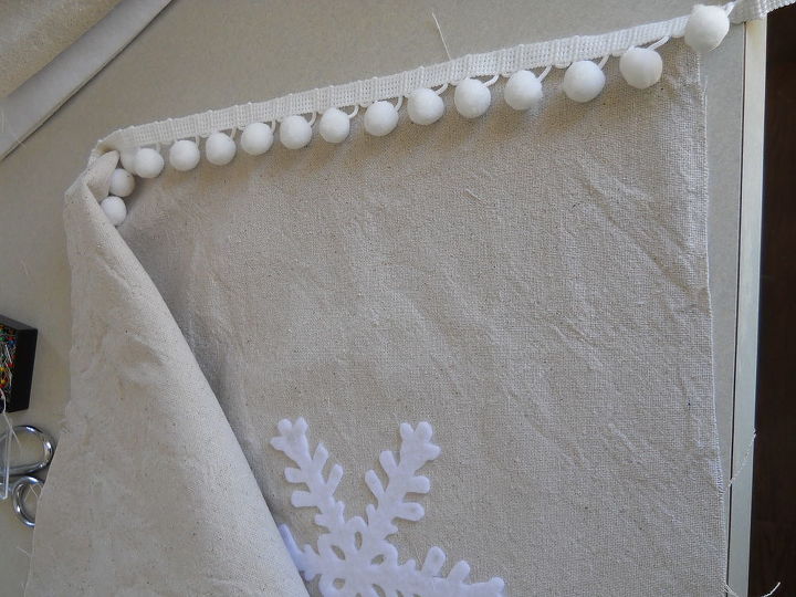 snowflake pillow tutorial, crafts, Turn right side out add pom fringe and pin