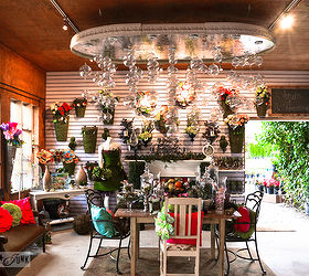 outrageous garden features and toolkit making ht meetup at milner, flowers, gardening, perennials, repurposing upcycling, The store actually resides in what use to be several barns with this bubble chandelier being the star of the show in this room it s created from Christmas ornaments Crazy amazing