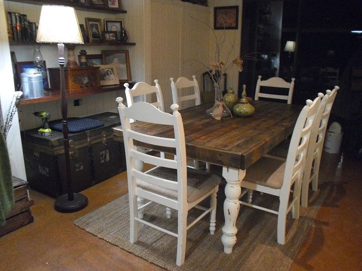 pallet wood farmhouse dining table, painted furniture, Im so happy with how it turned out and it didn t cost me a cent