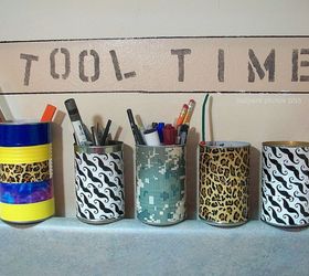 organizational tips for the garage, cleaning tips, garages, storage ideas, For fun I painted the back wall of our workspace and covered tin cans in manly decorative tape