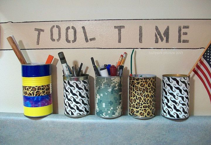 organizational tips for the garage, cleaning tips, garages, storage ideas, For fun I painted the back wall of our workspace and covered tin cans in manly decorative tape
