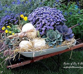autumn wheelbarrow, container gardening, gardening, home decor, Old wheelbarrow filled with hay ornamental cabbage fall asters sedum white pumpkins and pansies makes a nice Fall display http pinterest com barbrosen
