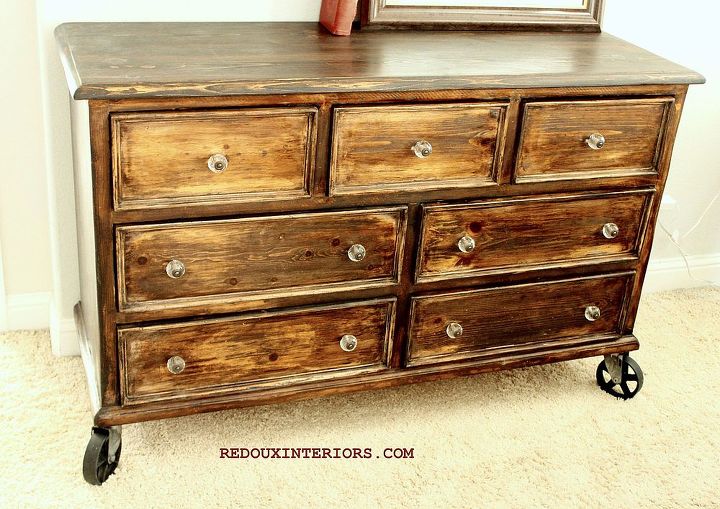 just add wheels to change your furniture, painted furniture, rustic furniture, Vintage Casters added to a standard Country Dresser Made over with a technique of layering stain