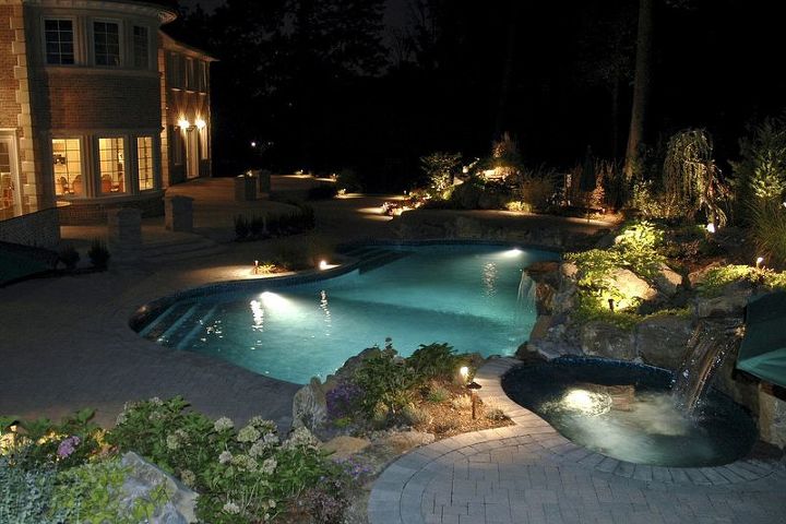can a backyard oasis be beautiful both day and night, decks, outdoor living, patio, pool designs, spas, Harmonious Landscaping Night and Day