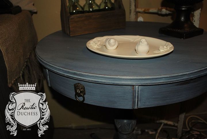 drum table updated with chalk white lime wax, painted furniture, rustic furniture