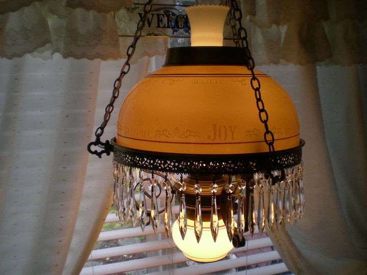 swag lamp with jazz, home decor, lighting, repurposing upcycling, I ordered some antique crystals 46 of them and hung them around the metal