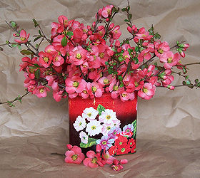 arranging flowers in vintage tins, flowers, gardening, home decor, repurposing upcycling, Quince in a red floral tin