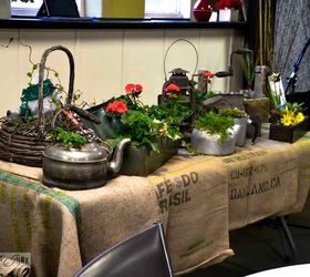 the hometalk meetup that loved on junk and africa, gardening, My table was loaded with junk and plants and a burlap bean sack tablecloth Let the demo begin
