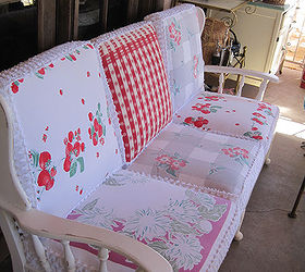 from antique couch to vintage charmer, chalk paint, painted furniture, repurposing upcycling, Here she is in all her glory A labour of love updated cushions with vintage table cloths and an old white chenille bedspread for the box pleats She has zippers for cleaning these cushion covers