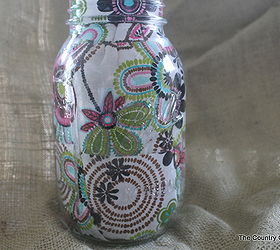 five ways to decorate mason jars, crafts, decoupage, mason jars, Learn how to Mod Podge fabric onto the inside of a jar with this easy tutorial