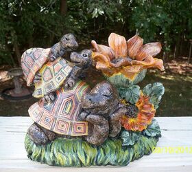 part 2 garden figurine makeover, gardening, Adding lots of color This whimsical family of turtles had such sweet expressions on their faces they just begged to be BOLD