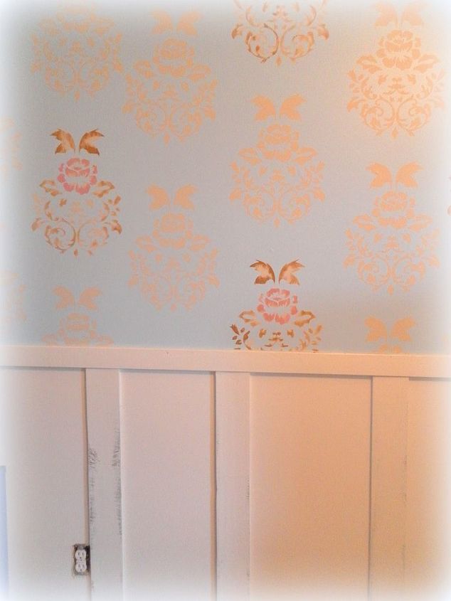 diy decorating board and batten wainscoting on a budget, painting, wall decor, A Damask Inspired Stenciled Wall and DIY Wainscoting for my master bedroom