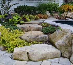 want to see an awesome pool and spa in a small backyard, landscape, outdoor living, ponds water features, pool designs, spas, Moss rock boulder steps and landscaping