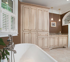 master bath remodel, bathroom ideas, home decor, This is the view when soaking in the double slipper tub There is an abundance of storage cabinetry for linens the television and a built in safe In the middle is the coffee bar with its own sink and pendant lighting