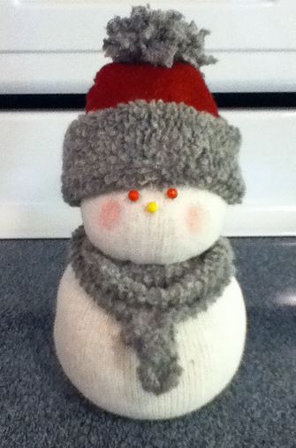 sock snow people, crafts, seasonal holiday decor, This one I decided to make an Infinity scarf Here again the hat is from the toe of a sock and rolled to expose the inside of the sock