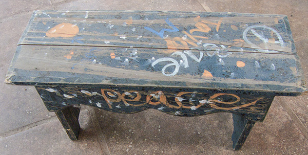 faux cooper patina bench, painted furniture, rustic furniture, Some one had fun with graffiti