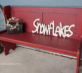 a christmas pew for the patio, christmas decorations, seasonal holiday decor, wreaths, I placed a Snowflakes glittered sign and a vintage lunch box with snowflake wreath on the pew